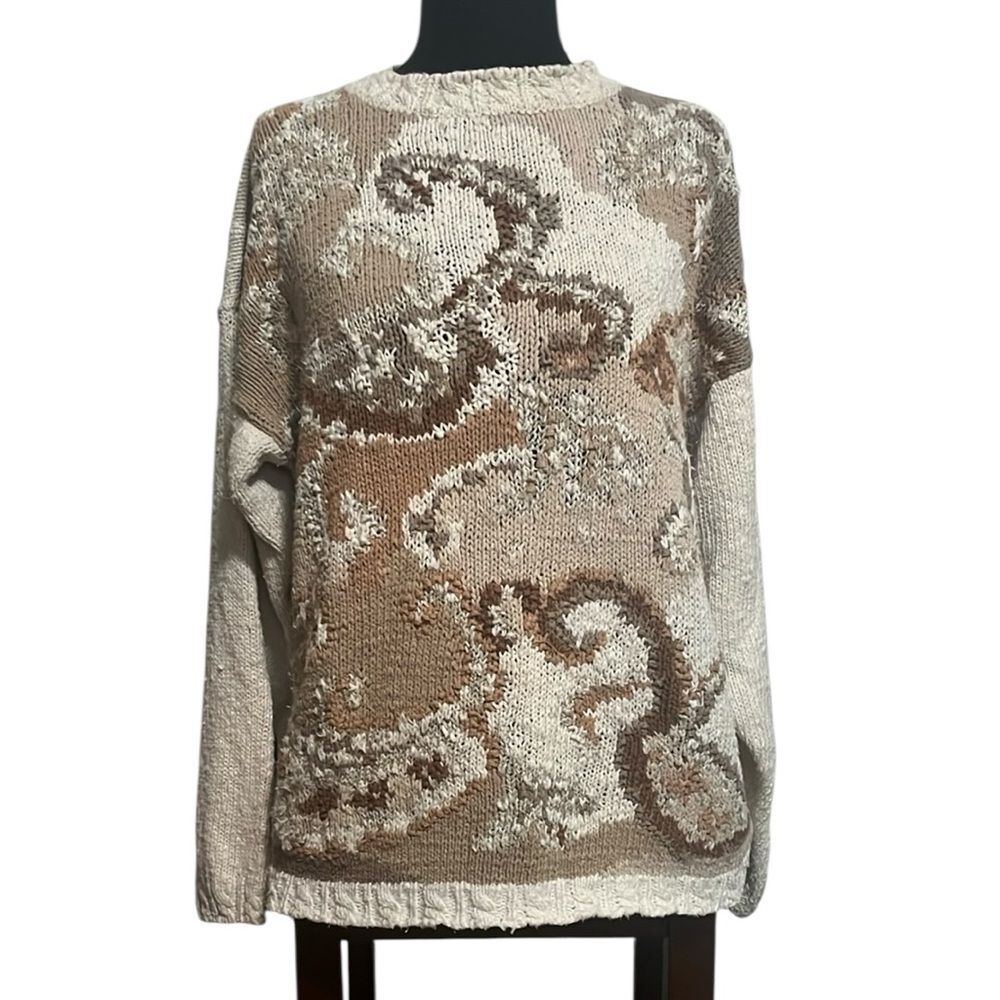 Vintage Casual Corner Cable Knit Cotton Blend Cream Brown Heavy Sweater Women L